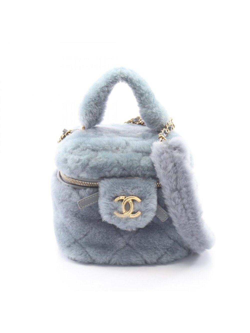 Chanel Shoulder Bag Quilted Vanity 2-Way Gray Shearling Leather Chain